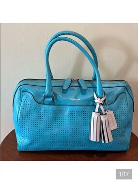 Coach  perforated leather Haley Satchel  turquoise/white tassels & hangtag Exce